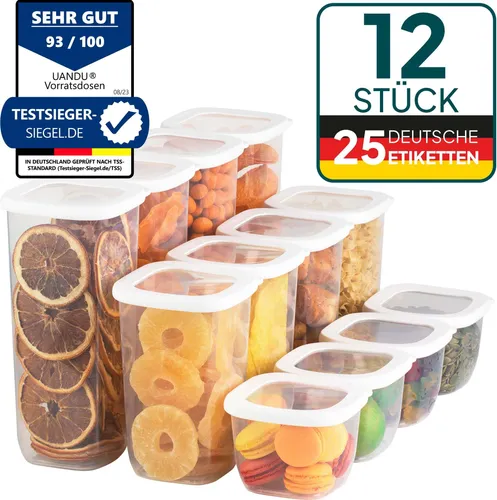 uandu Vorratsdosen Set 12-teilig, luftdicht und BPA-frei - Vorratsdosen Set mit 12 luftdichten Behältern in 3 Größen, ideal zur Lebensmittelaufbewahrung. Hält Lebensmittel frisch und ist spülmaschinengeeignet für einfachen Gebrauch.