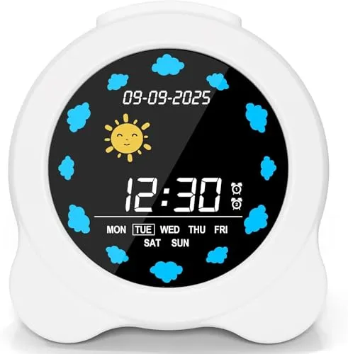 Yissvic Kinderwecker Schlaftrainer Kinder mit Snooze-Funktion 2 unabhängige Wecker 6 Klingeltöne 3 Stufen Bildschirmhelligkeit Adapter im Lieferumfang enthalten