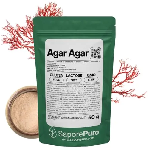 SaporePuro AGAR AGAR Pulver 50 GR – Natürliches Geliermittel GLUTENFREI – Ideal für Molekularküche, Verdickungsmittel für Desserts, Marmeladen, Puddings und Eiscreme