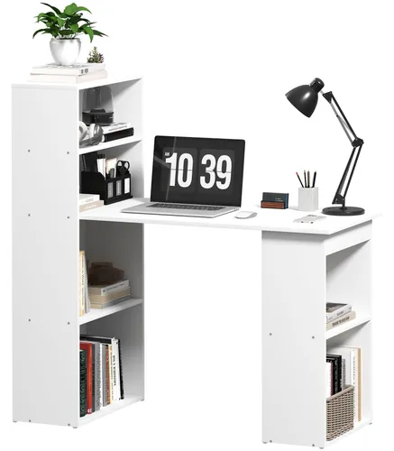 Schreibtisch Bürotisch Computertisch mit 2 Regalen und 5 Regalböden, Weiß