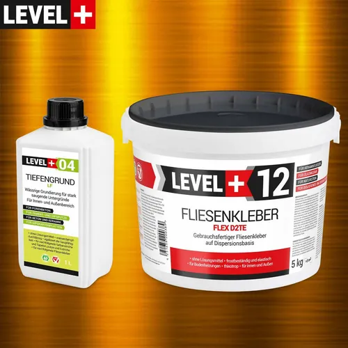 Fertig Fliesenkleber Set 5kg LEVEL+ Tiefengrund LF 1L Flexmörtel HQ SET205