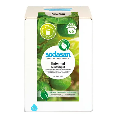 SODASAN Universal Waschmittel flüssig - Limette 5L - Umweltfreundliches Waschmittel in 5L Karton, mit erfrischendem Limettenduft und effektiver Fleckenentfernung für strahlend saubere Wäsche.