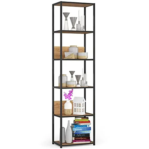 AKORD Bücherregal mit 6 Ablagen 50cm breit | Industrial/Loft-Style | Offen | Skelettbauweise | Standregal | Holz/Metall | Für Küche, Schlafzimmer, Büro | Regal mit Metallrahmen | Schwarz/Craft-Eiche