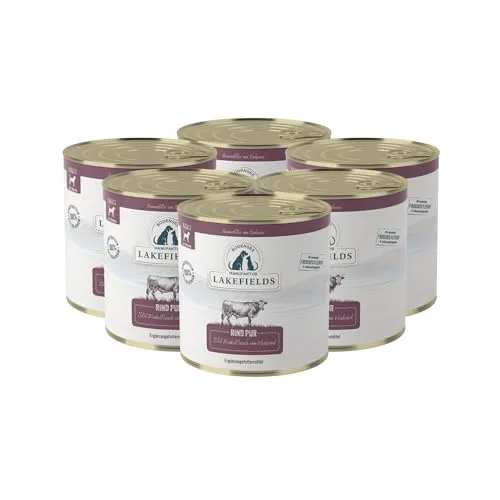Lakefields Premium Hundefutter Nass | Rind pur 100% | 6 x 800g | Reines Muskelfleisch | Rindfleisch aus artgerechter Weidehaltung | Getreidefreies Nassfutter für Hunde | Regional & Naturbelassen