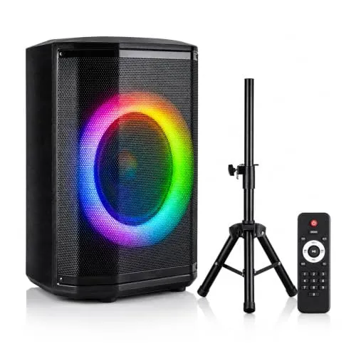 Pyle Partybox Bluetooth Lautsprecher 120W TWS – Kompakte PA Anlage mit kraftvollem Sound, LED Lichteffekte, Stativ, USB, Micro SD, FM Radio