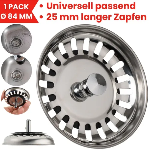 Spülbecken Siebkörbchen Ø 84 mm mit Zapfen Stift Abfluss Stöpsel Siebkorb Spüle