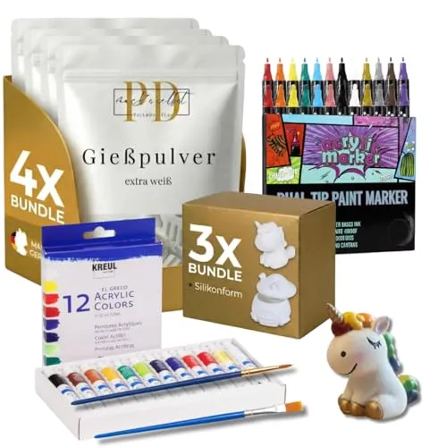Gießpulver Starterset für Kids- Silikonform Feenhaus & Einhorn, 2kg PD Gießpulver weiß, 12x Acrylfarben Tuben, 12x Acrylmarker, Acrylstifte, Pinsel