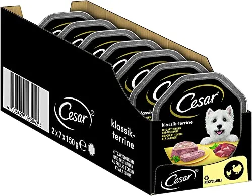 Cesar Hundefutter Nassfutter Klassiker mit zartem Huhn und Truthahn, 7 er Pack (7 x 2 Schalen x 150 g)