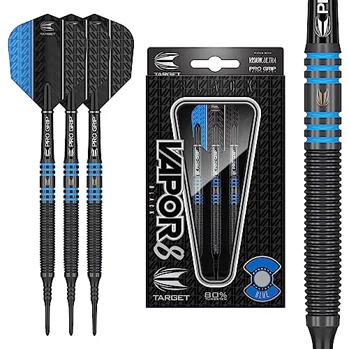 Target Darts Vapor 8 Black 80% Tungsten Soft Tip Darts Set, Blau 21G - Soft-Dartpfeile mit 80% Tungsten-Barrel, langlebig und griffig, ideal für Präzision und Kontrolle beim Spielen.