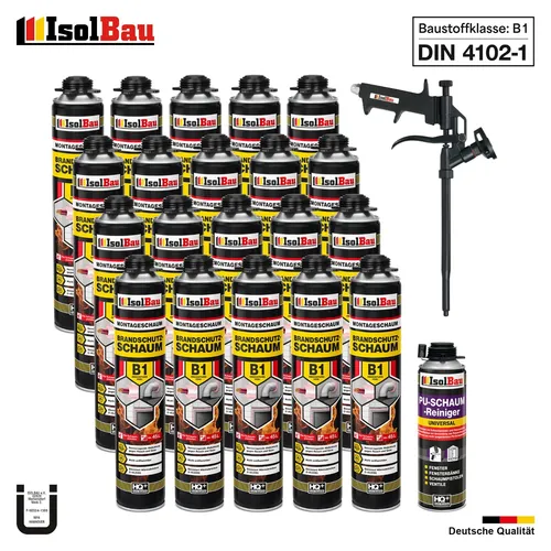 Brandschutzschaum B1 20x750ml mit Reiniger und Pistole - Hochwertiger Brandschutzschaum B1, ideal für Abdichtungen und Isolierungen. Hohe Temperaturbeständigkeit und ausgezeichnete Haftung für Innen- und Außenbereiche.