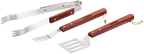 PEARL Grillbesteck Holz: 3-teiliges Grillbesteck aus Edelstahl mit extralangen Echtholz-Griffen (Grillzange, Holzgriff, Camping Pfanne)