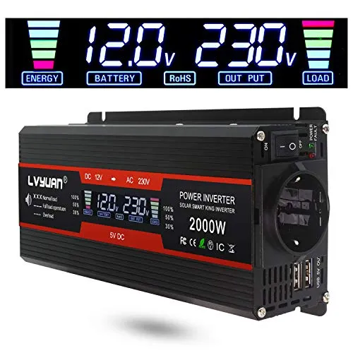 LVYUAN Wechselrichter 12V 230V 2000W - Wechselrichter für Fahrzeuge mit 2 USB-Anschlüssen und LCD-Display, ideal für Reisen und Camping, bietet zuverlässige Stromversorgung für Ihre Geräte.