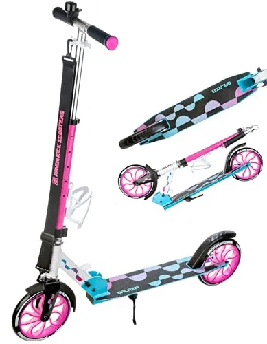 RAVEN Scooter Roller Tretroller für Kinder & Erwachsene - Klappbar und höhenverstellbar (Galaxia Blue/Pink) - Kickscooter mit verstellbarem Lenker für Nutzer von 115 bis 180 cm, leichtes Aluminiumdesign und praktische Ausstattung wie Klingel und Flaschenhalter – ideal für Alltag und Freizeit.