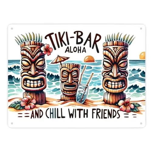 Tiki-Bar Aloha Metallschild XXL in 28x38 cm mit Spruch and chill with friends Tiki-Bar Figuren Tropischer Strand Freundschaft entspannt erleben Hawaii Karibik