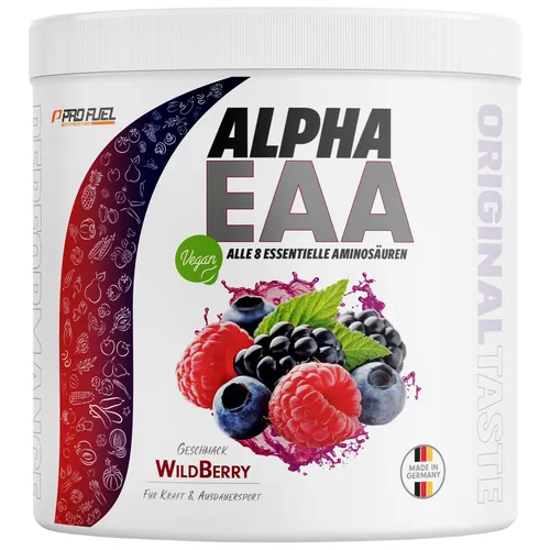 Alpha EAA Pulver 462g WILD BERRY - Veganes Amino-Drink Pulver mit 8 essentiellen Aminosäuren - VEGANES EAA PULVER: Hochwertiger Amino-Komplex mit allen 8 essentiellen Aminosäuren. Ideal für die Unterstützung der Ernährung und optimal hochdosiert mit 10.000 mg pro Portion. Leckerer fruchtiger Geschmack für jeden Geschmack.