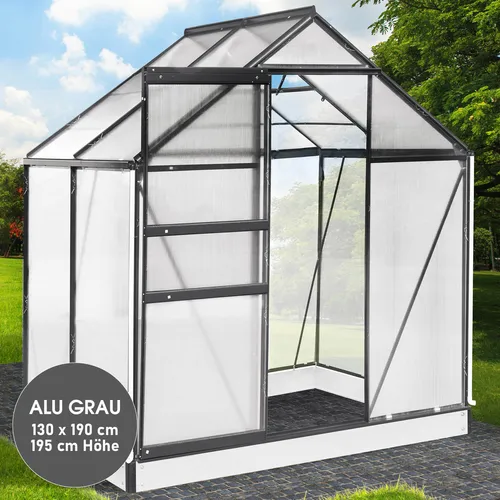Aluminium Gewächshaus 130x190x195 anthrazit - Stabiles Garten-Zubehör mit 195cm Durchgangshöhe und verstärktem Hohlkammerplatten für optimale Temperaturbeständigkeit und Langlebigkeit, ideal für Hobbygärtner.