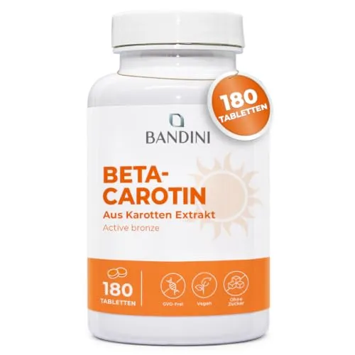 Bandini® Beta Carotin 180 Tabletten | Beta-Carotin aus Karottenextrakt | Supplement mit Vitamin A | Für intensive Bräune, strahlende Haut & Immunsystem | Hochdosiert, 100% natürlich und vegan