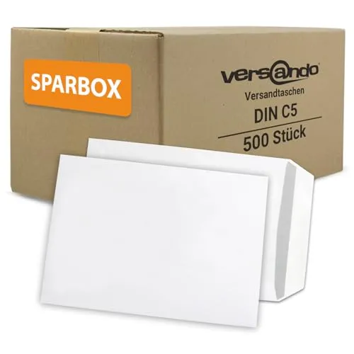 Versandtaschen versando C5, weiß, ohne Fenster, haftklebend, 500 Stück
