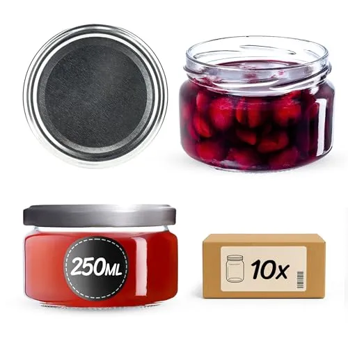 KADAX 10er Set Marmeladengläser 250ml mit Schraubdeckel Ø 82 mm in Silber - luftdichte, spülmaschinenfest, ideal für Marmelade, Chutneys, Eingelegtes Gemüse, Fleisch, Pasteten & Babynahrung
