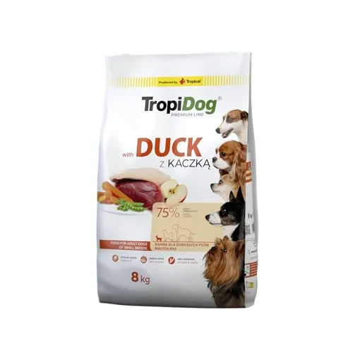 TROPIDOG Premium Adult Small Breeds mit Ente und Reis 8kg - Hundefutter für erwachsene Hunde kleiner Rassen, mit hochwertiger Ente und Reis für optimale Ernährung und Geschmack.