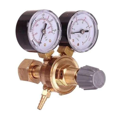 Druckminderer für Gasflaschen mit Argon (Ar) oder Kohlendioxid (CO2), Einlassgewinde B21,8 x 1/14, Auslassgewinde G 1/8 + Schlauchanschluss