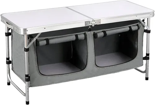 Woltu Höhenverstellbarer Campingtisch mit Stauraum & Tragetasche - Robuster Klapptisch aus Aluminium und MDF, höhenverstellbar (62-69,5 cm), ideal für Camping und Outdoor, inklusive praktischer Aufbewahrungstasche für Utensilien.