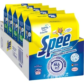 Spee Megaperls Universal (5 × 17 Wäscheladungen), Allin1-Vollwaschmittel verleiht Fleck-Weg-Power, Kalt-aktiv-Wirkung und 50% mehr Frische, Waschmittel für alle Waschprogramme, 20–95 °C