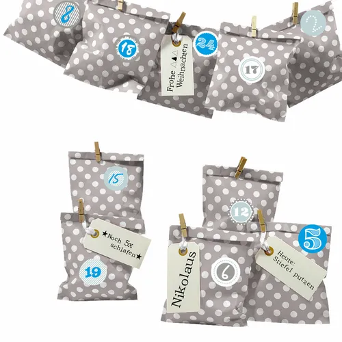 Adventskalender Bescherung zum Befüllen,Papiertüten,taupe Punkt,Ziffern blau
