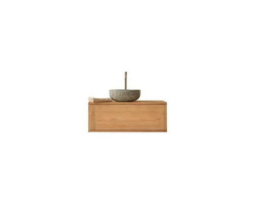 Tikamoon Waschtisch Badschrank aus Teakholz 95 cm - Basic - Eleganter Hängeschrank aus massivem Teakholz mit FSC®-Zertifizierung. Individuell anpassbar durch fehlende Bohrungen. Ideal für stilvollen Stauraum im Badezimmer.
