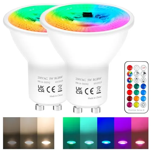 REYLAX GU10 RGB LED Farbwechsel Lampen, 5W Dimmbar Warmes Licht 50W Halogenlampen Gleichwertige, RGB LED Spot Licht, Leuchtmittel GU10 450 Lumen, Fernbedienung inklusive (2 Stück)