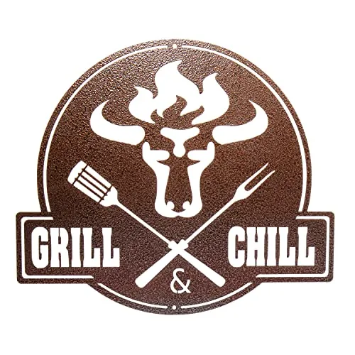 teileplus24 CG02 Gartenschild | Stier + Grill & Chill | 41 x 35,5cm | Stahl | Kupfer Antik