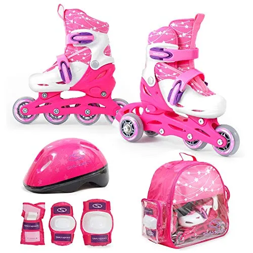 SMJ Kinder Mädchen Set 2in1 Inliner Rollschuhe VERSTELLBAR Inline Skates mit LED Rollen + Schonerset + Helm + Tasche (30-33)