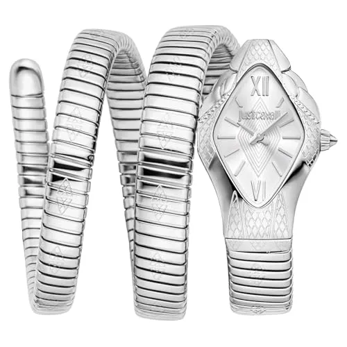 Just Cavalli Damen Analog Quarz Uhr JC1L307M0015 - Elegante Armbanduhr mit luxuriösem Schlangen-Design, silbergrauem Edelstahlarmband und zuverlässigem Quarz-Uhrwerk. Perfekt für modebewusste Frauen und jeden Anlass.