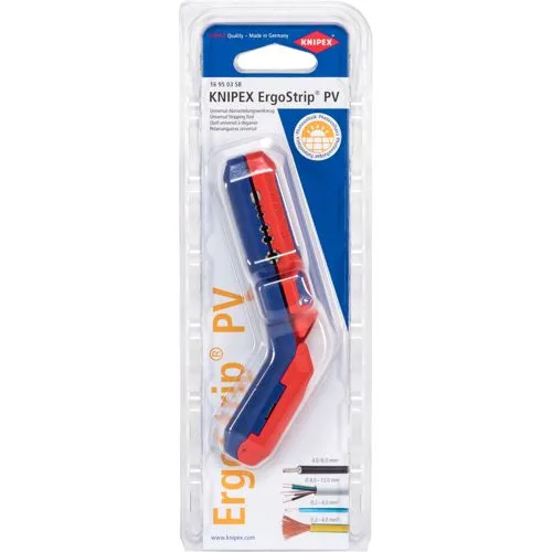 Knipex 16 95 03 SB ErgoStrip PV Abmantelungswerkzeug - Schneidwerkzeuge: Ergonomisches Abmantelungswerkzeug für präzises Abisolieren von Rund- und Datenkabeln. Innovatives Design mit komfortablem Griff für einfache Handhabung.