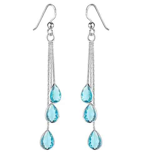 Materia Tropfen Ohrringe Silber 925 mit Zirkonia Steinen - Elegante Damen Ohrhänger aus 925 Sterling Silber, verziert mit 3 hellblauen Zirkonia Steinen. Ideal als Geschenk, geliefert in einer stilvollen Schmuckbox.