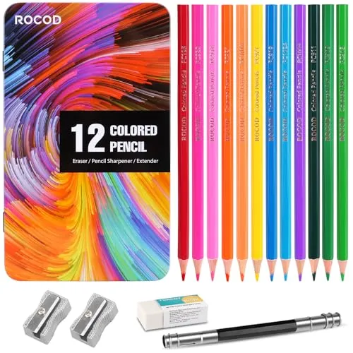 ROCOD 12-farbige Buntstifte, professionelle Buntstifte für Erwachsene, Kunst-Zeichenstifte.