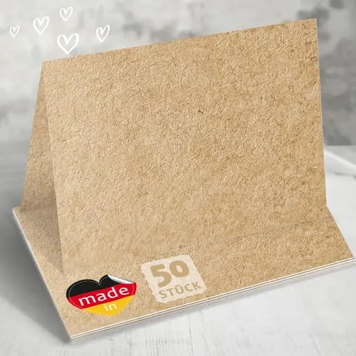 50x Blanko Tischkarten Kraftpapier, Funke & Brand - Tischkarten zum Selber Beschriften, Platzkarten Hochzeit, Geburtstag, Namenskarten