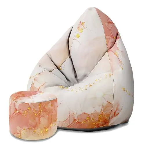 DreamRoots Sitzsack Erwachsene mit Füllung 80x80x120cm - Bean Bag Chair - Sitzsäcke mit Lehne und Hocker und Bezug - Sitzsack Sessel - Chill Sessel Velvet Peach Smile