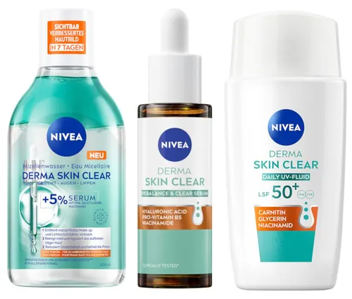 NIVEA DERMA SKIN CLEAR Routine Set – Mizellenwasser, UV-Fluid & Rebalance Serum - Produktart: Lotion & Feuchtigkeitscremes, ideal für tägliche Anwendung. Enthält hochwertige Inhaltsstoffe für eine ausgewogene Hautpflege. Set mit Lichtschutzfaktor 50+ bietet umfassenden Schutz und Pflege für unreine Haut.