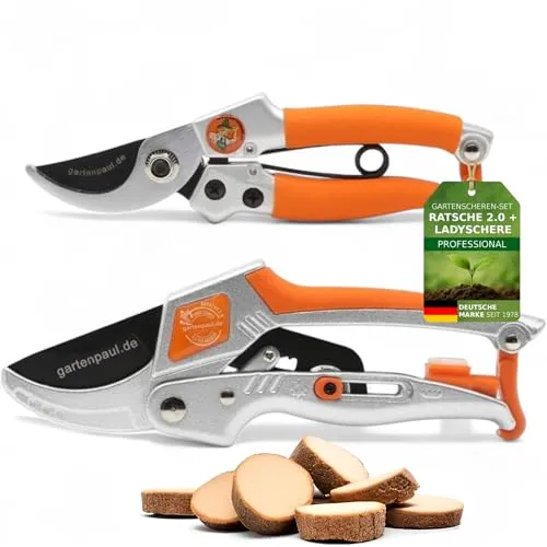 Gartenpaul Gartenscheren Set: Profi Bypass-Gartenschere & Damengartenschere - Baumscheren & Gartenscheren Set mit innovativer Ratsche 2.0 für müheloses Schneiden von Ästen bis 25 mm, ideal für präzise Gartenarbeit und bequem für kleine Hände.