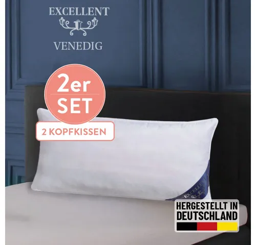 Excellent 3-Kammer-Kopfkissen Venedig, 1-tlg. oder 2 tlg. Hergestellt in Deutschland!, Füllung: weiße neue Daunen und Federn, Klasse I, 60% Daunen / 40% Federn (Außen), weiße neue Federn, Klasse I, 100% Federn (Innen), Bezug: feiner Daunen-Batist, 100% Baumwolle, Seitenschläfer, Bauchschläfer, Rückenschläfer, Spar-Set, 2-Tlg., Kopfkissen 40x80 & 80x80 cm, weich