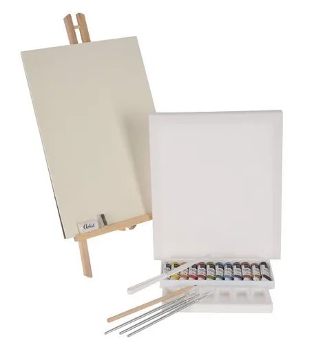 Spetebo Tischstaffelei Malset mit Tisch Staffelei - 34 Teile, inklusive Leinwand Malblock und Acrylfarben