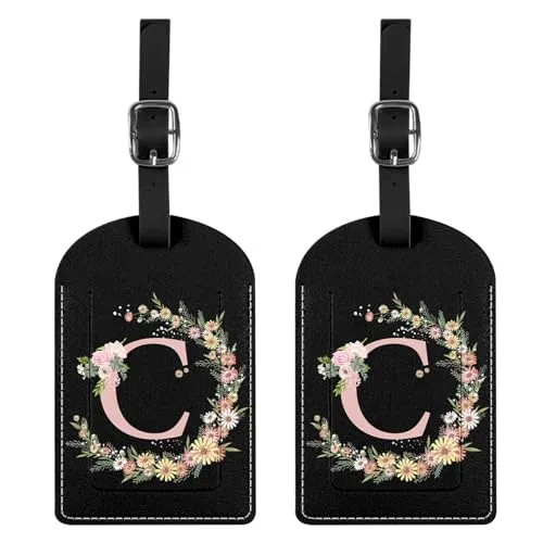 BHAHB 2 Stück Gepäckanhänger,Kofferanhänger mit Anfangs Brief, PU-Leder,ästhetische Niedlich Monogramm Reisetasche Etiketten für Frauen Mädchen(Black Letter-C)