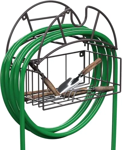 Gartenschlauchhalter, robuster Wasserschlauchhalter mit Werkzeug-Aufbewahrungskorb, wandmontierter Schlauch-Organizer für bis zu 150 Fuß, dekorativer Schlauchhalter für den Außenbereich