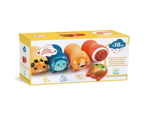 DJECO Stempel Ergonomische Selbstfärbestempel für Kleinkinder ab 18 Monaten, 4 Stück