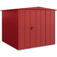 Gartenhaus Hörmann EcoStar Elegant-S Typ 2 - RAL3004 mit Einzeltür - Gartenhaus mit Satteldach und roter Metalloberfläche, ideal für die Aufbewahrung von Gartenutensilien und wetterfest.