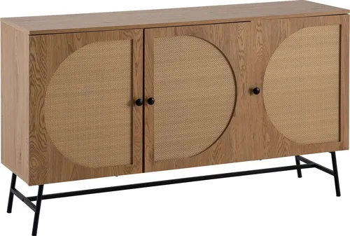 Modernes Sideboard 140x80 cm mit Rattan-Geflecht - Stilvolle Kommode in Eiche-Nachbildung, bietet viel Stauraum mit 6 Türfächern und verstellbaren Einlegeböden. Ideal für Wohnzimmer oder Küche.