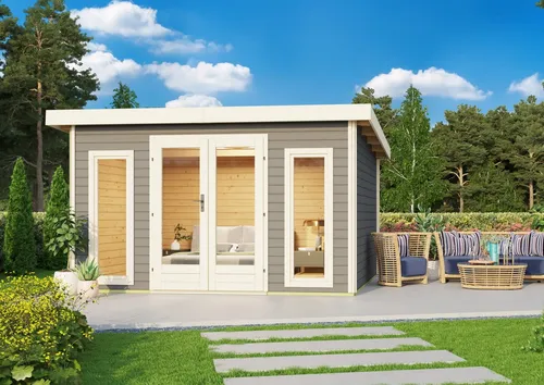 Gartenhaus Holz Karibu RADEBURG 2 terragrau 369x309cm 40mm Doppelnut Chrom Line