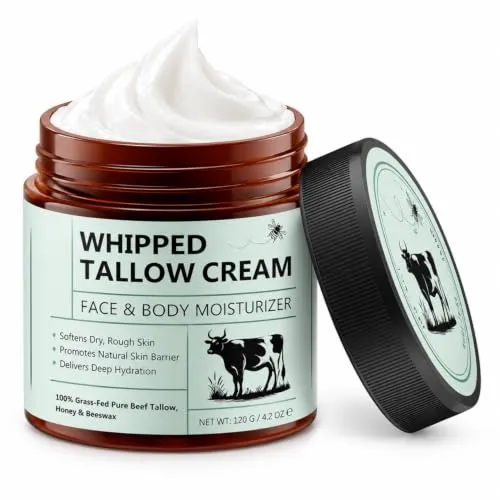 Beef Tallow Creme 120 g, Rindertalg für Hautpflege, Rindertalg und Honigbalsam, Talg-Gesichtscreme, Bio-Grasgefütterter aufgeschlagener Talgbalsam, Bodycremes, Tiefenhydration für Gesicht & Körper