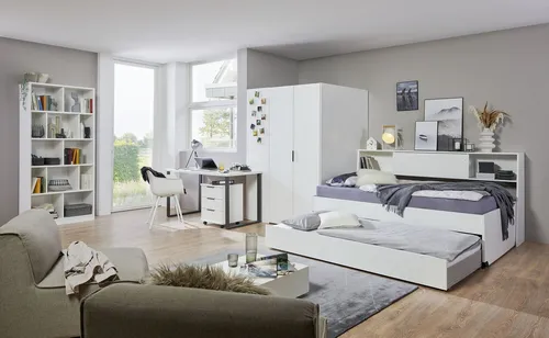 Xxxl Jugendzimmer Set in Weiß - Komplettes 7-teiliges Jugendzimmer mit begehbarem Kleiderschrank, praktischem Schreibtisch und Auszugsliege. Strapazierfähige Oberflächen, Made in Germany, ideal für ein modernes Kinder- & Jugendzimmer.